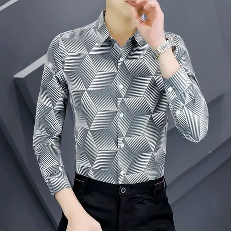 春秋季高级感修身长袖衬衫男士商务休闲时尚衬衣潮流时尚秋装寸衫商品大图