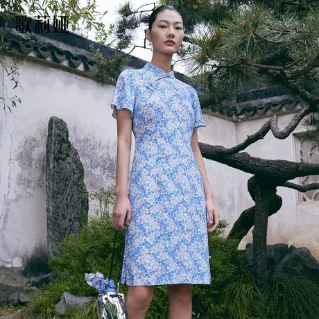 歌莉娅新中式旗袍女气质连衣裙时尚国风夏季蓝色短袖裙1B5R4K09C图片