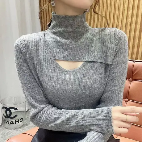 2023年秋冬新款毛衣女针织衫宽松内搭加厚高领纯色镂空打底衫女图片