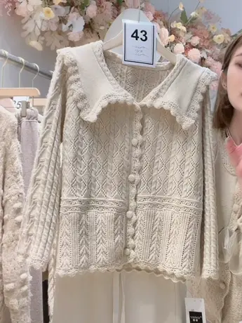 奶茶色高级感毛衣女韩版宽松显瘦海军领长袖气质百搭针织开衫外套图片