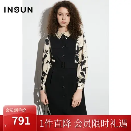 恩裳COVER2023春款新款优雅黑白撞色碎花假两件针织泡泡袖连衣裙图片