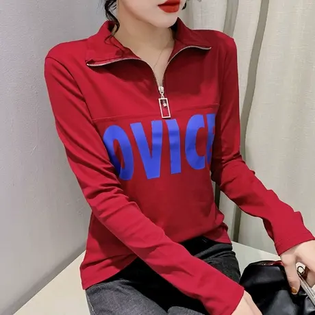 欧货设计感小众拉链上衣女洋气百搭POLO领T恤长袖内搭显瘦打底衫商品大图