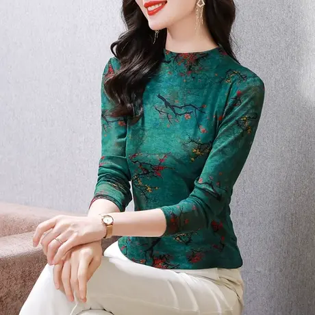 气质复古印花打底衫女长袖春秋2023新款半高领雪纺衫修身妈妈上衣图片