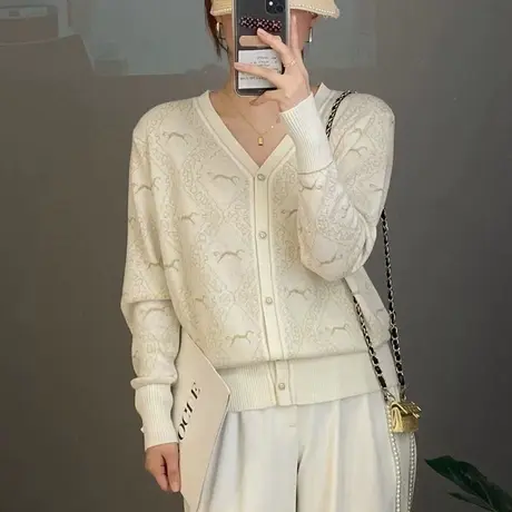 v领小马提花针织开衫外套女秋装2023年新款薄款宽松洋气百搭上衣图片