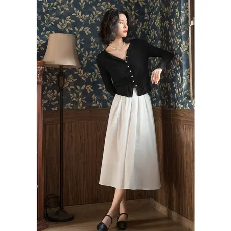 弥古黑色针织衫外套女法式v领坑条上衣春秋显瘦吊带外搭开衫罩衫商品大图