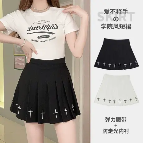 学院风重工刺绣黑色百褶裙女夏显瘦高腰短裙松紧腰a字半身裙裙子图片
