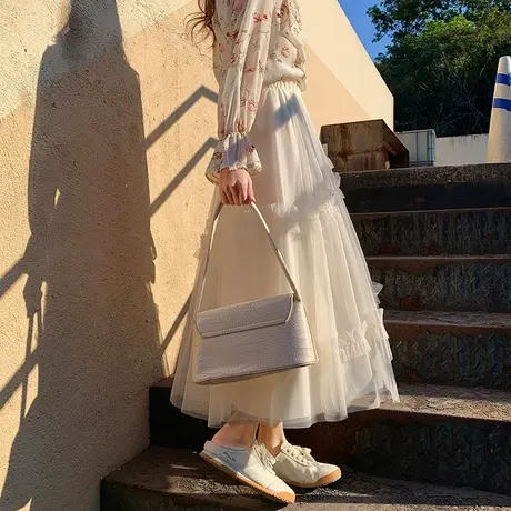 2022年新款木耳边褶皱网纱裙子女中长款仙女百褶裙a字半身裙高腰图片