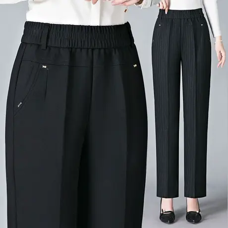 中老年女裤竖条纹妈妈裤子春秋款高腰直筒长裤宽松中年女休闲裤图片