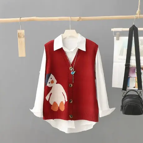 可爱风无袖针织开衫女秋装新款韩版宽松马甲外搭毛线马夹坎肩背心商品大图