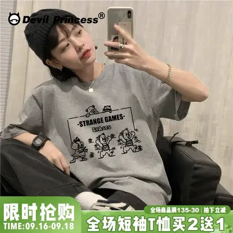 学院简约灰色短袖t恤女夏ins潮港风宽松百搭chic显瘦纯棉大码半袖图片