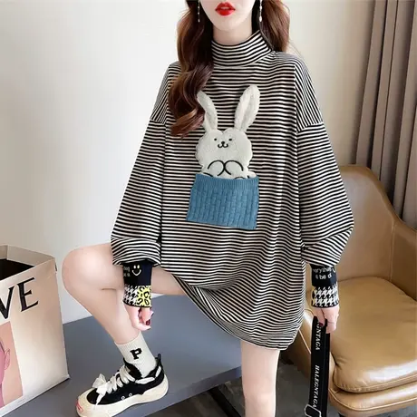 半高领长袖t恤女秋冬韩版宽松加绒加厚条纹内搭德绒打底衫上衣服图片