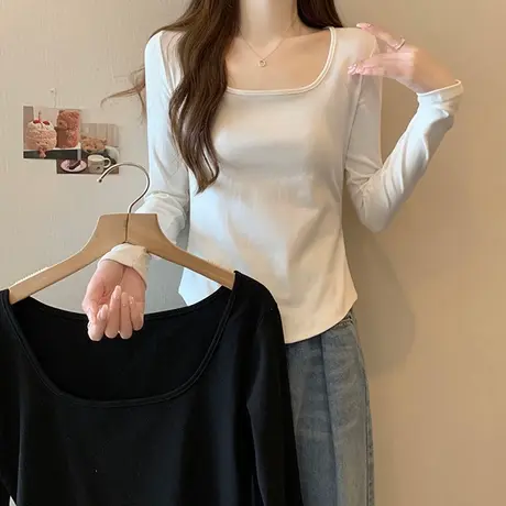 方领正肩长袖T恤女2023年新款秋季韩版修身短款打底小衫纯色上衣商品大图