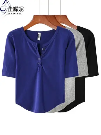 早秋新韩版纯棉圆领修身显瘦纯色纯欲燕尾摆中袖体恤上衣女打底衫图片