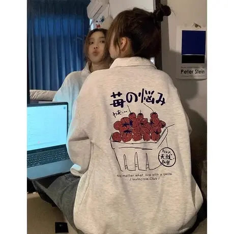 美式复古polo领半拉链卫衣女春秋薄款设计感宽松慵懒风上衣小个子商品大图