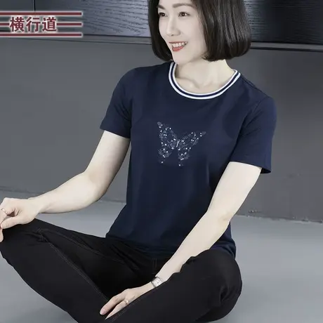 2023新款夏装简约休闲圆领撞色绣花宽松短袖T恤女大码妈妈装上衣商品大图