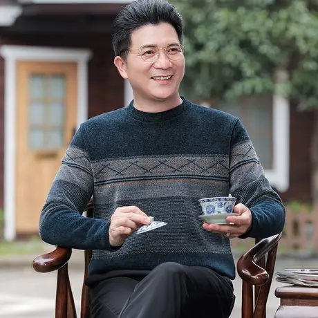 中老年男士毛衣圆领加绒加厚款保暖上衣服冬季爸爸装雪尼尔针织衫商品大图