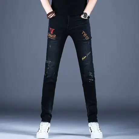 黑色刺绣牛仔裤男款修身小脚裤子弹力秋款季2023新款弹力休闲潮牌商品大图