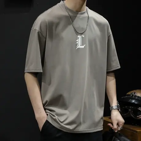 重磅260g灰色短袖t恤男士宽松大码男装潮牌2023新款印花体恤夏季商品大图
