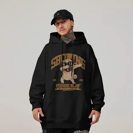 狗头加肥加大码卫衣男装连帽衫宽松女加绒秋冬季胖子做旧复古外套图片