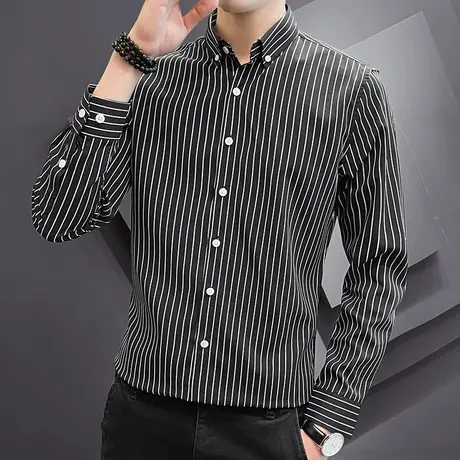 衬衫男条纹长袖修身免烫商务正装上班伴郎抗皱结婚西装衬衣高级感商品大图