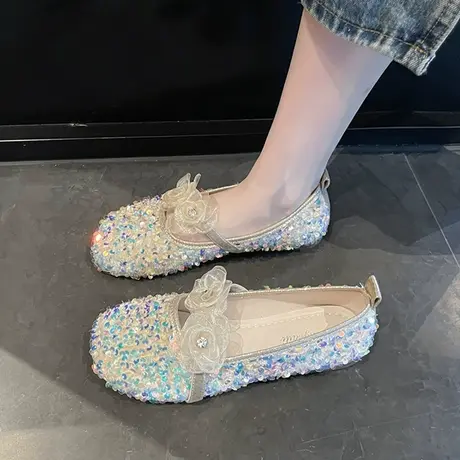 韩系平底单鞋女2023年秋季新款时尚气质亮片法式大头舒适豆豆鞋潮商品大图