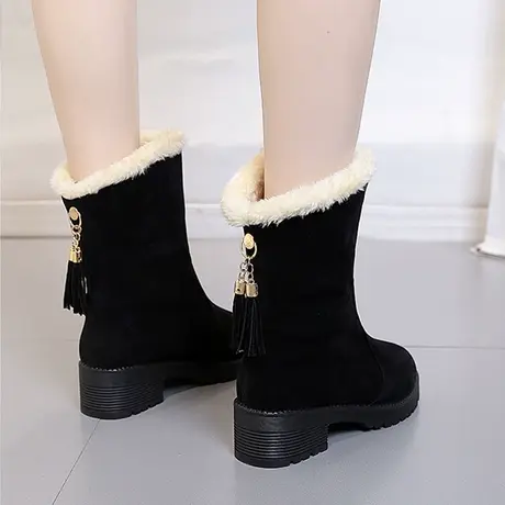 2023韩跟短靴春秋绒面学生单靴中筒流苏靴冬季棉靴加绒女鞋雪地靴图片