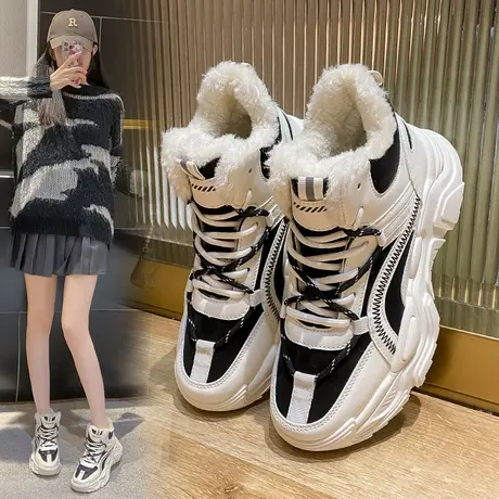 加绒加厚老爹鞋女2022冬季新款雪地靴厚底防滑高帮学生大棉鞋超火商品大图