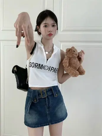 设计感小众美式复古拉链半高领无袖辣妹ins短款白色背心上衣女夏商品大图