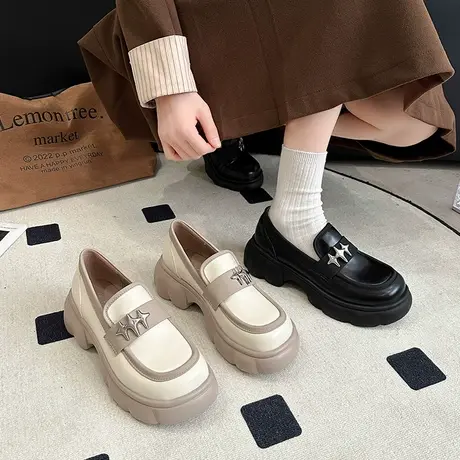 厚底百搭乐福鞋女2024年春秋季新款复古英伦小皮鞋一脚蹬粗跟单鞋商品大图