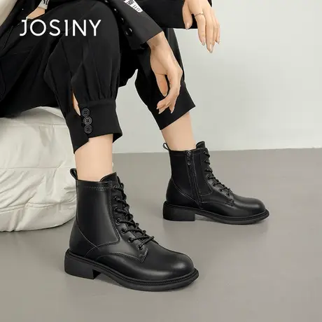 Josiny/卓诗尼粗跟靴子鞋女2023~新款夏季高帮圆头百搭女士休闲靴商品大图