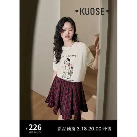 红色格子花边半身裙2024春夏新款女复古甜美高腰a字短裙穿搭图片