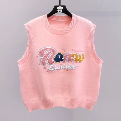 日系刺绣字母针织马甲女秋冬2023新款宽松设计感无袖毛衣背心马夹图片
