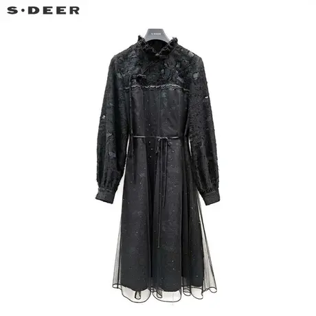 sdeer圣迪奥女装木耳边圆领提花网纱收腰连衣裙S241Z1243图片