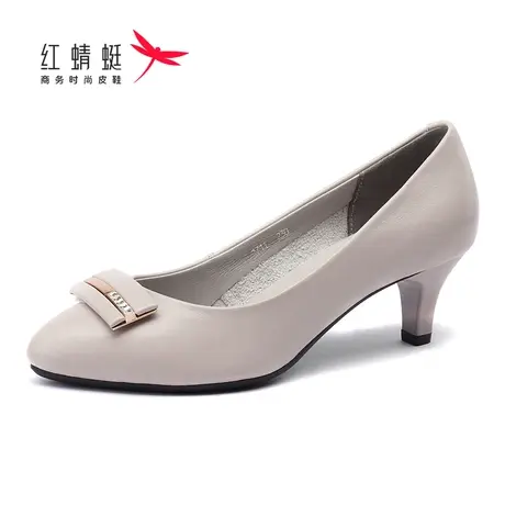 红蜻蜓女鞋牛皮高跟春秋季新款尖头细跟职业浅口单鞋百搭舒适透气图片