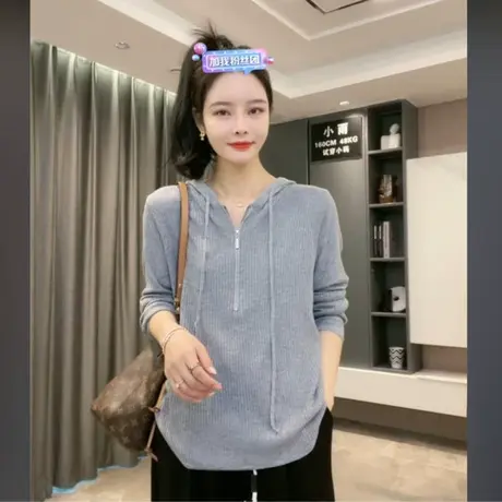 不规则修身半拉链连帽T恤2023初秋简约帽衫设计感时尚气质上衣女商品大图