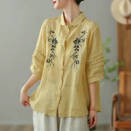 dza 钩花刺绣苎麻衬衫女2023夏薄款短袖衬衣气质漂亮棉麻开衫上衣图片