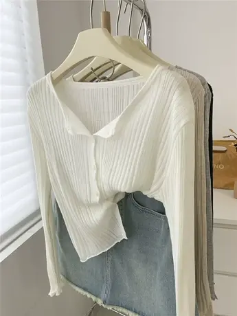 木耳边圆领羊毛针织开衫女23早秋新款小个子短款显瘦百搭毛衣外套商品大图