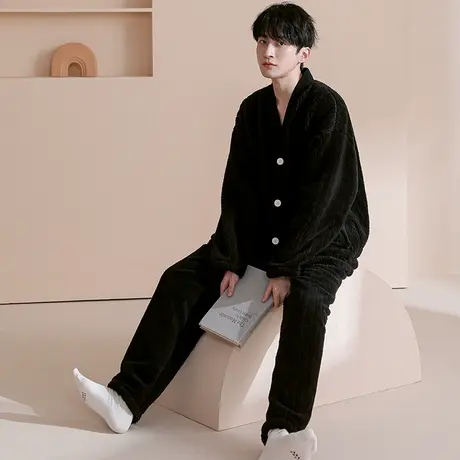 猫人男士睡衣开衫长袖法兰绒加绒加厚大码家居服套装可外穿珊瑚绒商品大图