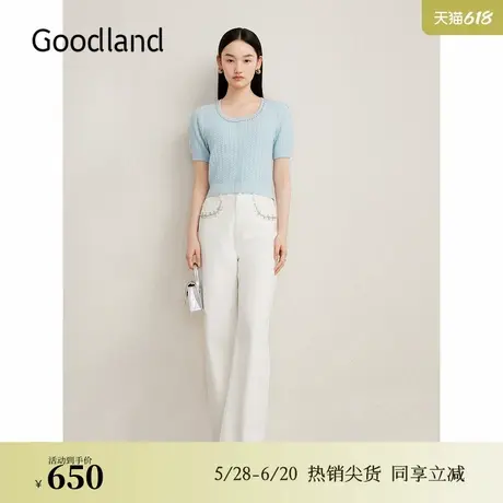 Goodland美地夏季小香风闪丝肌理毛针织衫金属钻饰上衣图片