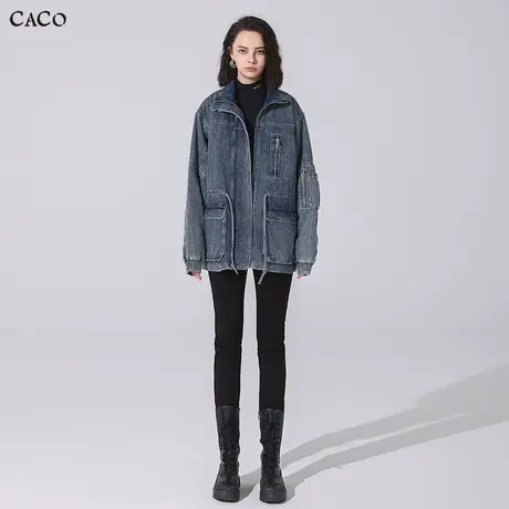 CACO秋冬复古蓝色加厚工装休闲时尚宽松夹棉牛仔外套棉服上衣女图片