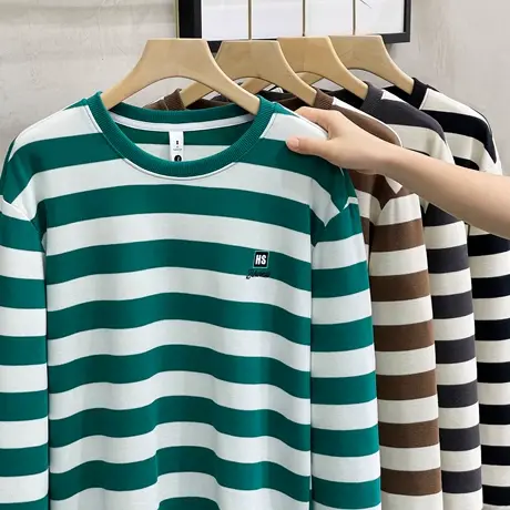 2023秋季新款日系条纹长袖卫衣宽松日系休闲打底衫套头衫潮男外套商品大图