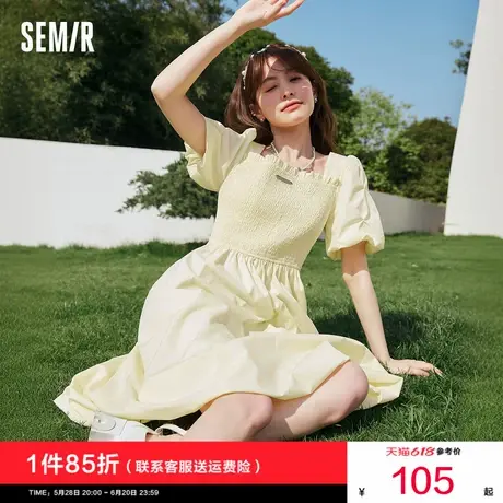 森马连衣裙女泡泡袖艺术生奶黄色2024夏季新款中长款简约修身裙子图片