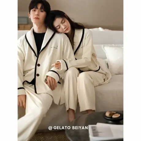 贝妍秋冬季珊瑚绒情侣睡衣女时尚开衫保暖海岛绒男大码家居服套装商品大图