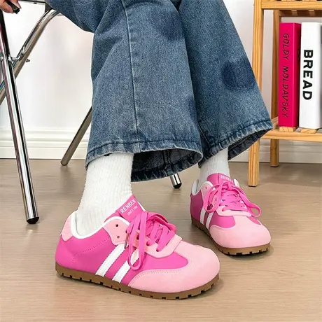 人本粉色软底德训鞋女2025夏季新款复古休闲鞋平底百搭浅口泡芙鞋商品大图