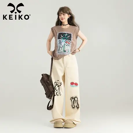 KEIKO 美式复古涂鸦印花无袖t恤新款小众不撞款宽松显瘦背心上衣商品大图