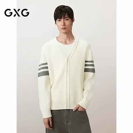 GXG男装 肩膀条纹撞色开衫休闲通勤毛衣外套男上装 2025秋季新品商品大图