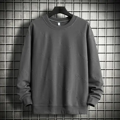 330g重磅灰色卫衣男2023新款宽松潮流钢印字母长袖t恤无帽上衣服商品大图