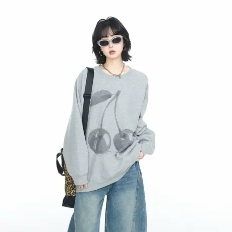 美式高街樱桃印花圆领卫衣女春秋2025新款宽松显瘦情侣套头上衣潮图片