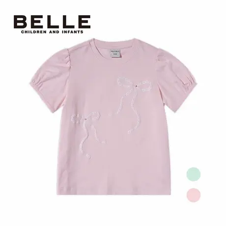 BELLE百丽女童t恤短袖2025年新款女中大童蝴蝶结印花上衣女孩儿童图片