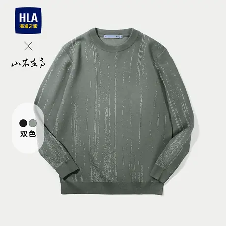HLA/海澜之家山不在高圆领长袖针织衫25秋新款微弹黑色花纹毛衣男图片